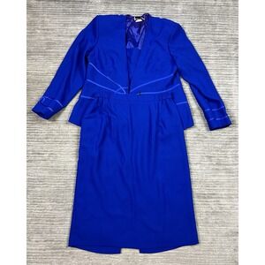 Karen Miller 2 Pc Skirt Suit Womens 14 Blue Blazer Polyester Midi Length
